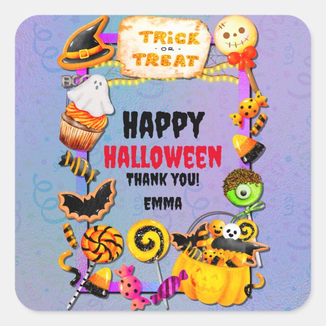 Sticker Carré Joyeuse fête d'Halloween remplie de ruse-ou-gâteau (Devant)
