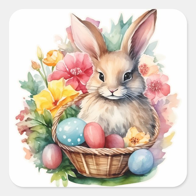 Sticker Carré Joyeuse peinture d'aquarelle de lapin de Pâques (Devant)
