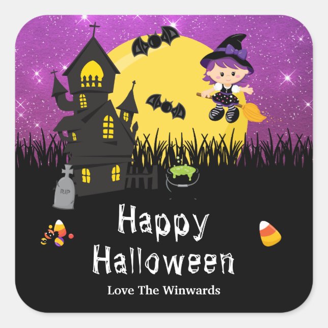 Sticker Carré Joyeuse sorcière de fête d'Halloween violet (Devant)