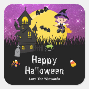 Sticker Carré Joyeuse sorcière de fête d'Halloween violet