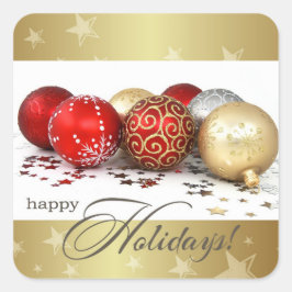 Sticker Carré Joyeuses fêtes. Baubles d'or rouge Noël