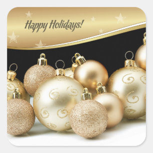Sticker Carré Joyeuses fêtes. Boules de Noël Gold