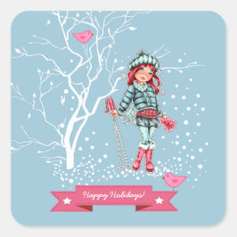 Sticker Carré Joyeuses fêtes. Noël aux jeunes filles