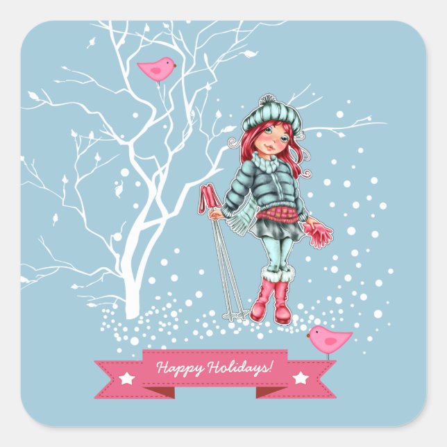 Sticker Carré Joyeuses fêtes. Noël aux jeunes filles (Devant)