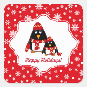 Sticker Carré Joyeuses fêtes. Noël drôle des petits pingouins