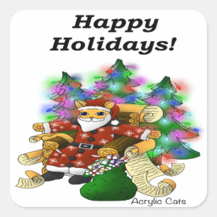Sticker Carré Joyeuses fêtes Noël Père Noël Chat