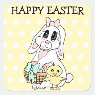 Sticker Carré Joyeuses Pâques à vous lapin et poussin
