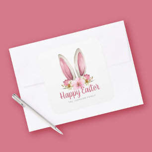 Sticker Carré Joyeuses Pâques aux oreilles de lapin floral rose 