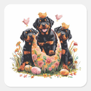 Sticker Carré Joyeuses Pâques Chiens Rottweiler