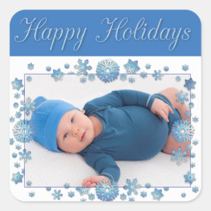 Sticker Carré Joyeuses vacances bébé photo Blue Snowflake Sticke
