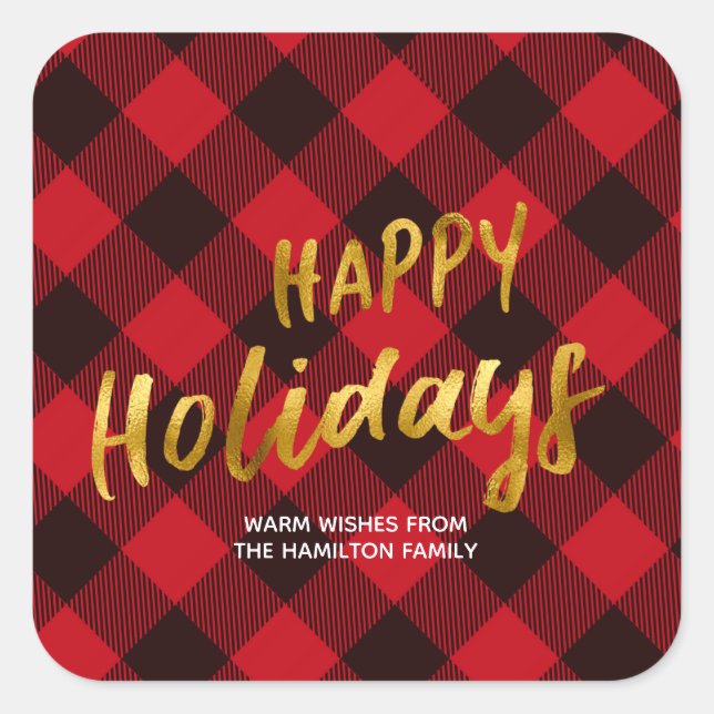 Sticker Carré Joyeuses vacances Buffalo Red Plaid et Gold Foil (Devant)