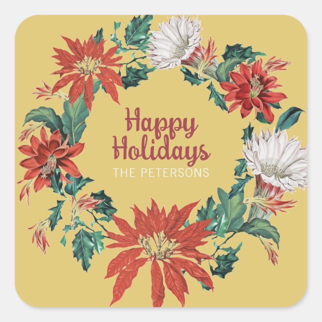 Sticker Carré Joyeuses Vacances Gold Nom Floral Poinsettia Wreat (Devant)