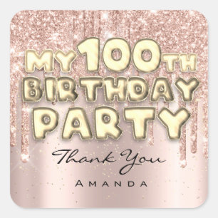 Sticker Carré Joyeux 100e Anniversaire Fête Paillettes Gouttes R