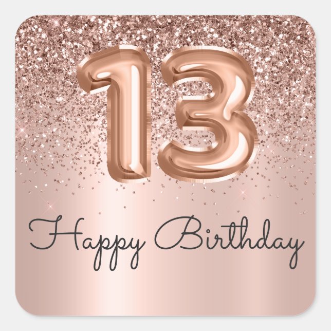 Sticker Carré Joyeux 13e anniversaire Rose Parties scintillant o (Devant)