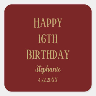 Sticker Carré Joyeux 16e anniversaire Seize Gold Bourgogne Rouge