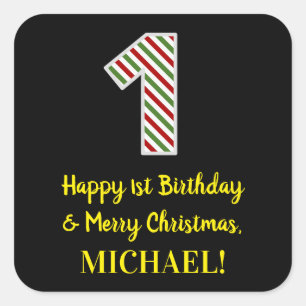 Sticker Carré Joyeux 1er anniversaire et Joyeux Noël, Nom perso