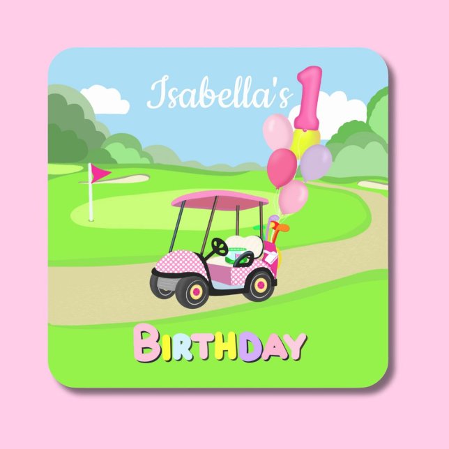 Sticker Carré Joyeux 1er Anniversaire Polka Dot Rose Girly Golf (Créateur téléchargé)