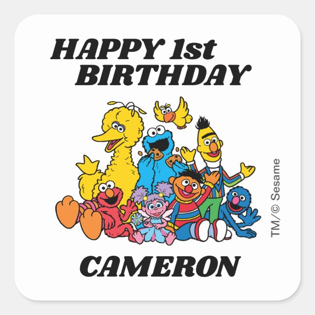 Sticker Carré Joyeux 1er anniversaire Simple Sesame Street Pals (Devant)
