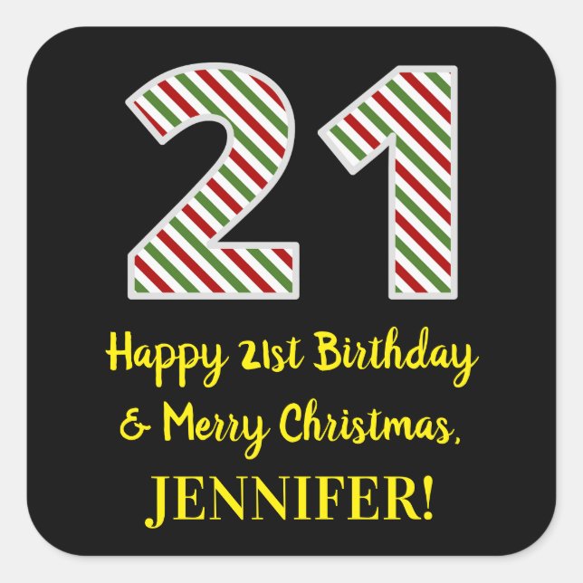 Sticker Carré Joyeux 21e anniversaire & Joyeux Noël, Nom personn (Devant)