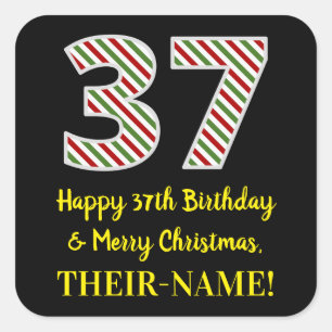 Sticker Carré Joyeux 37e anniversaire et Joyeux Noël, Nom perso