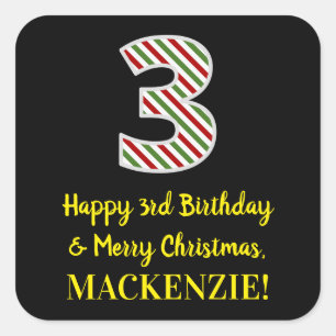 Sticker Carré Joyeux 3e anniversaire et Joyeux Noël, Nom personn