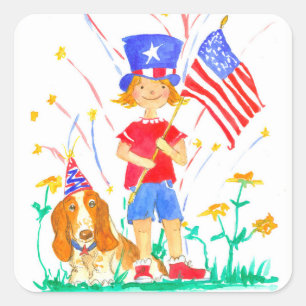 Sticker Carré Joyeux 4 Juillet Chien Hound