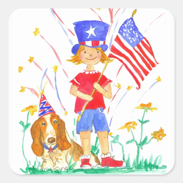 Sticker Carré Joyeux 4 Juillet Chien Hound (Devant)