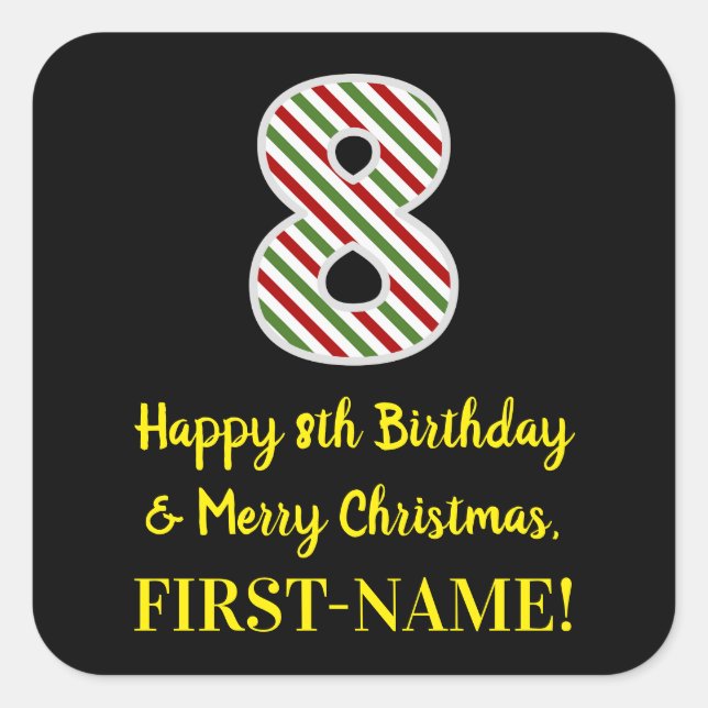 Sticker Carré Joyeux 8e anniversaire & Joyeux Noël, Nom personna (Devant)