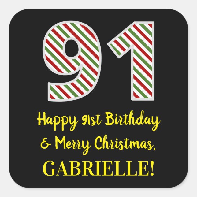 Sticker Carré Joyeux 91e anniversaire & Joyeux Noël, Nom personn (Devant)