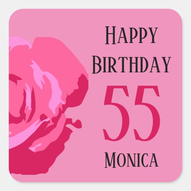 Sticker Carré Joyeux anniversaire 55 "Nom" Rose rose (Devant)