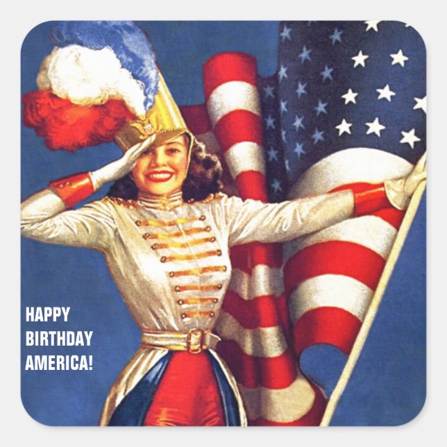 Sticker Carré Joyeux anniversaire, Amérique. 4 juillet Retro Pin (Devant)