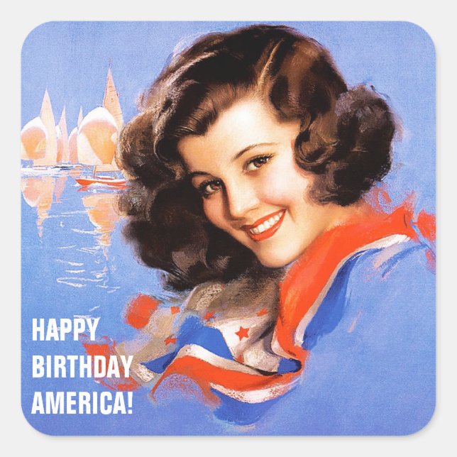 Sticker Carré Joyeux anniversaire, Amérique. 4 juillet Retro Pin (Devant)