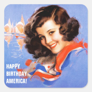 Sticker Carré Joyeux anniversaire, Amérique. 4 juillet Retro Pin