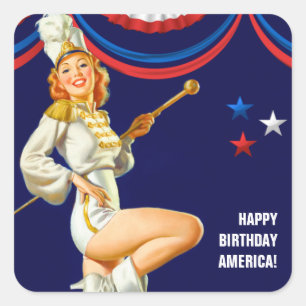 Sticker Carré Joyeux anniversaire, Amérique. Armoire rétro