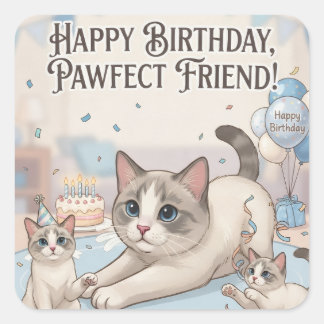Sticker Carré Joyeux Anniversaire Ami Parfait Chats et Chatons M