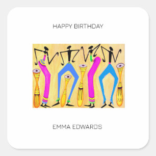 Sticker Carré Joyeux Anniversaire, Amusante Danse de Fête