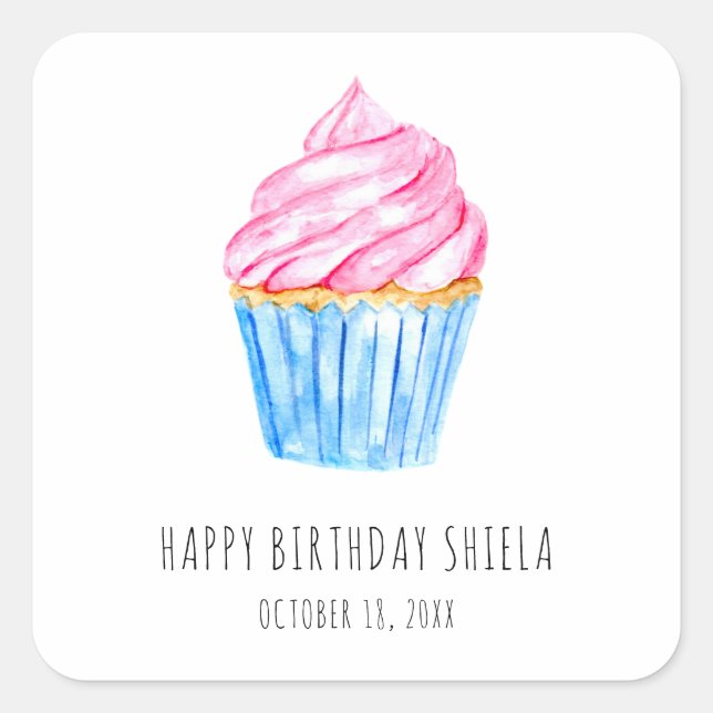 Sticker Carré Joyeux anniversaire Aquarelle cupcake rose glaçage (Devant)