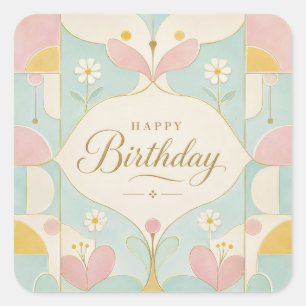 Sticker Carré Joyeux Anniversaire Art Déco Floral Géométrique Pa