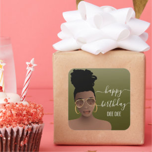 Sticker Carré Joyeux Anniversaire Black Woman Gold Shades Olive