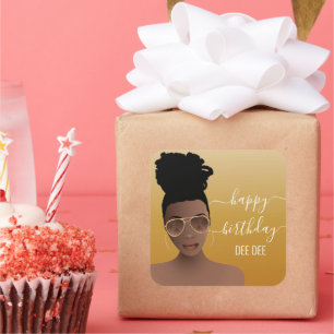 Sticker Carré Joyeux anniversaire Black Woman Gold Shades Yellow