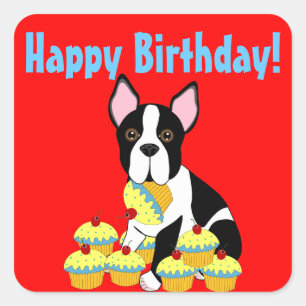 Sticker Carré Joyeux Anniversaire Boston Terrier Cupcakes Sticke