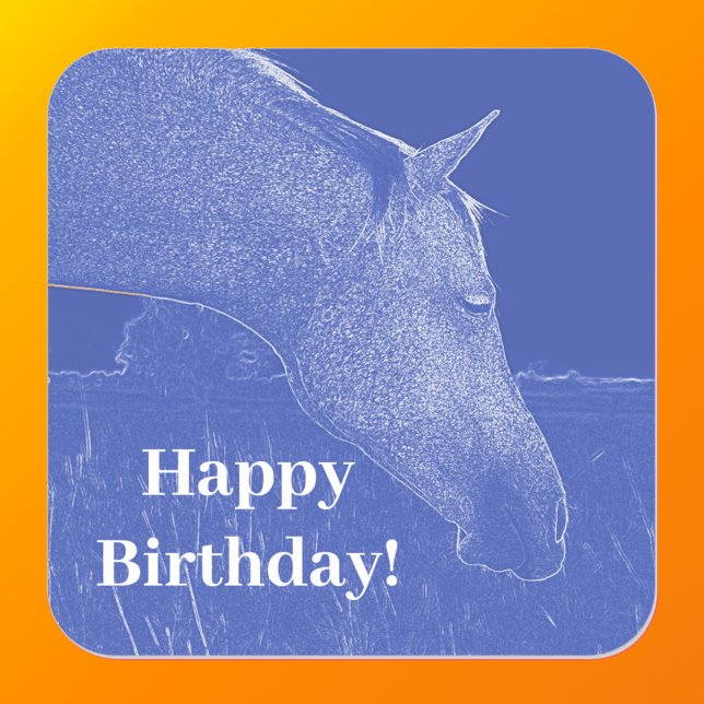 Sticker Carré Joyeux Anniversaire Cheval Bleu tête (Front with Background)