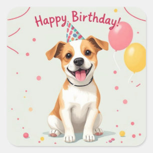 Sticker Carré Joyeux Anniversaire Chien avec Chapeau de Fête & B