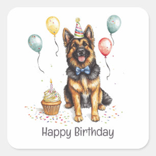 Sticker Carré Joyeux Anniversaire Chien Berger Allemand