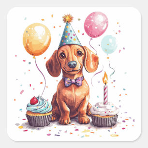 Sticker Carré Joyeux Anniversaire Chien Dachshund