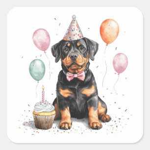 Sticker Carré Joyeux Anniversaire Chien Rottweiler