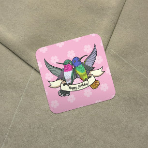 Sticker Carré Joyeux anniversaire ! Colibris Au Carton De Ruban