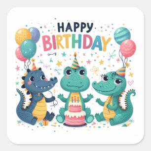 Sticker Carré Joyeux Anniversaire Crocodiles Mignons Célèbrent 