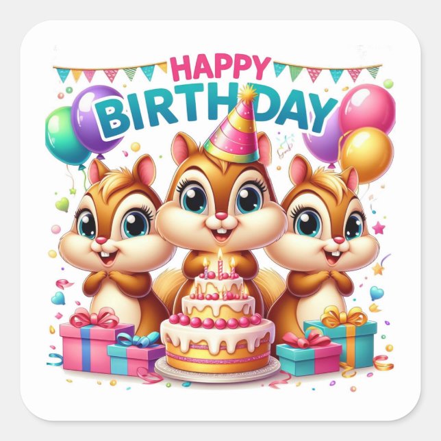 Sticker Carré Joyeux anniversaire Cute Chipmunks Célébrer (Devant)