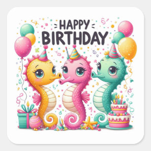Sticker Carré Joyeux Anniversaire Cute Seahorses Célébrant 